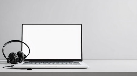 Laptop computer with a blank white screen and black over ear headphones sitting next to it on a...