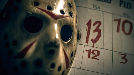 Jason voorhees style hockey mask casting a menacing shadow next to a calendar page with number 13...