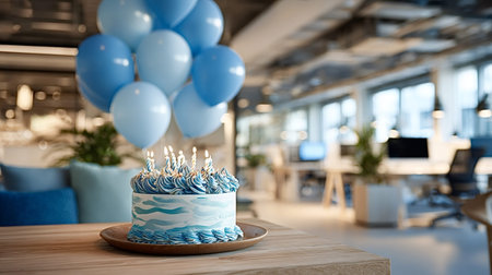 Celebrating an employee's birthday with a decorated cake and blue balloons on a wooden table,...