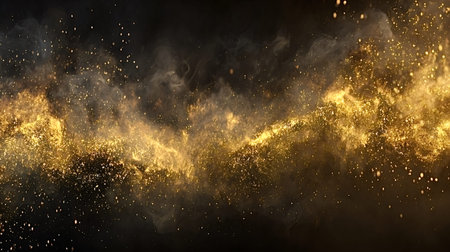 Golden glittering particles creating an abstract wave, diffusing like dust and smoke against a dark...