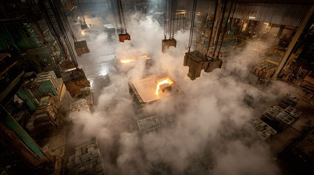 Foundry workers casting molten metal into sand molds on an industrial production line, generating...