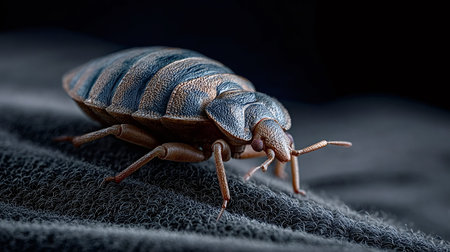 Bed bug - cimex lectularius - crawling on textured fabric surface, macro close up illustrating...