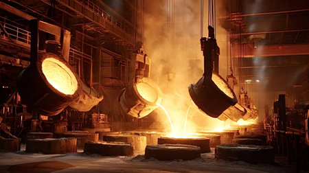 Molten metal ladles are pouring liquid iron into casting molds, creating intense heat and light...