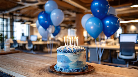 Birthday cake with glowing candles and blue balloons creating a festive atmosphere on a wooden desk...
