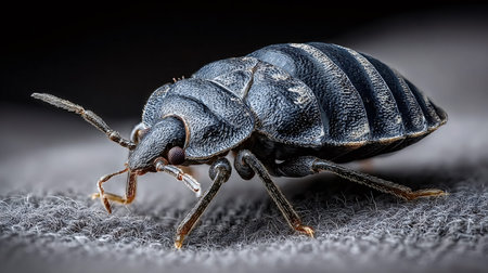 Bed bug, cimex lectularius, crawling on a textured fabric surface, illustrating a common household...
