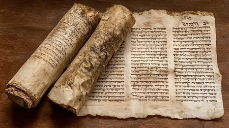 Ancient parchment scrolls with faded hebrew script, weathered and worn, revealing sacred religious...