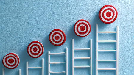 Miniature white ladders ascending towards multiple red bullseye targets, illustrating the concept of...
