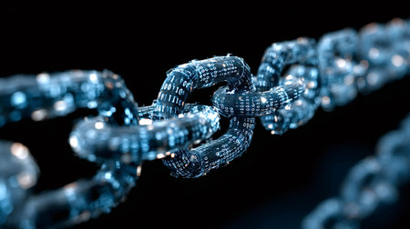 Digital chain links forming a conceptual blockchain, representing secure data transfer,...