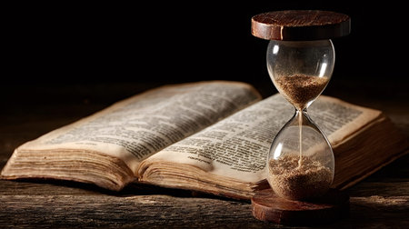 Hourglass with sand flowing on an old weathered wooden table, next to an open antique book,...