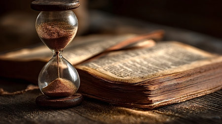 Hourglass on a rustic wooden desk with sand flowing beside an open, aged book, evoking history,...