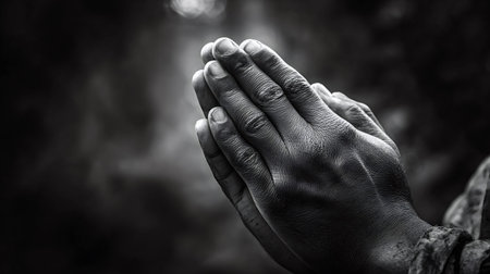 Hands joined in prayer, palms together in a monochrome close up conveying faith, hope, meditation...