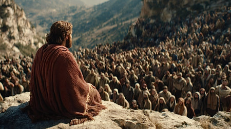 Jesus teaching a vast crowd on a rocky mountain, delivering a spiritual message during his sermon on...