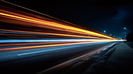 Bright orange and blue streaks of light from vehicles create dynamic motion blur against a dark sky,...