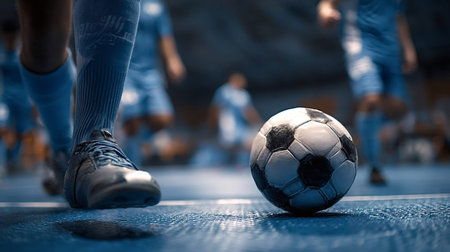 Futsal player dribbling a soccer ball on a blue indoor court, moving towards the viewer during an...