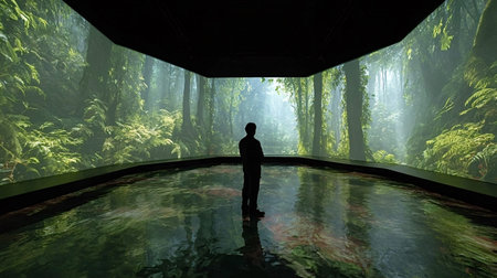 Man standing silhouetted in a dark room with a vast digital forest environment projected onto...