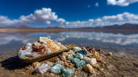 Lithium rich minerals and salts, including a wooden scoop, resting on saline ground next to a salt...