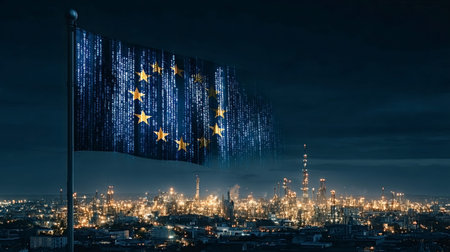 European union flag formed from falling binary code, waving above a glowing industrial city at...