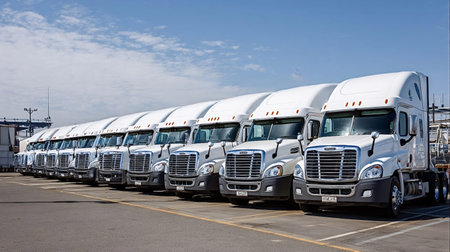 Brand new freightliner semi trucks stand parked empty in a long line at a busy port terminal,...