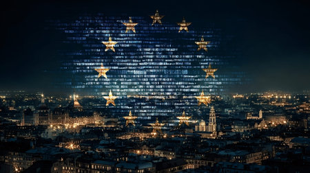 European union flag stars composed of binary code pixels overlaying a luminous cityscape at night,...