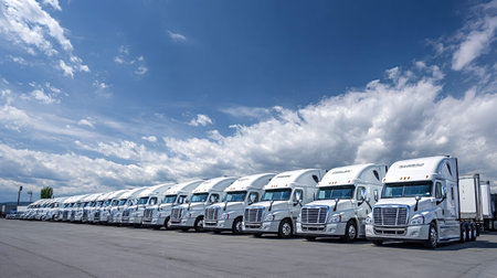 Row of commercial semi trucks parked on an asphalt lot under a blue sky with white clouds,...