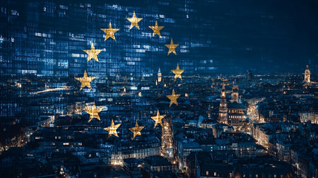 European union flag overlaying an illuminated city at night, representing connectivity,...