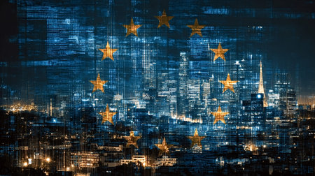 Vibrant european union flag overlaying a modern european city skyline with twinkling lights and...