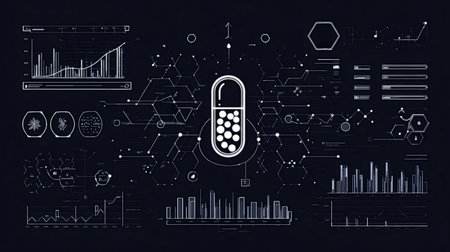 Central pill composed of data, charts and chemical formulas, visualizing bioinformatics driven drug...