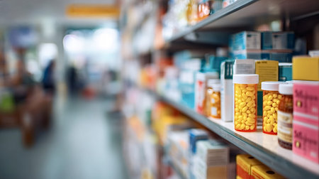 Pharmacy shelves displaying numerous bottles of pills, boxes of medication, and health products,...