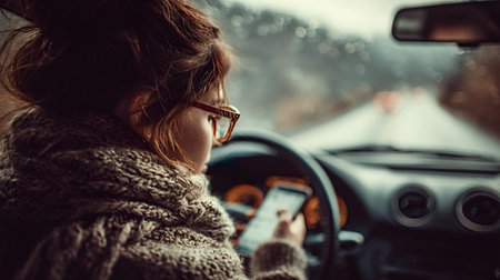 Woman wearing glasses and a knitted scarf in a car, looking at her mobile phone while driving,...