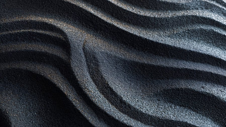 Black volcanic sand forming natural, flowing ripples and textured waves, creating an abstract and...