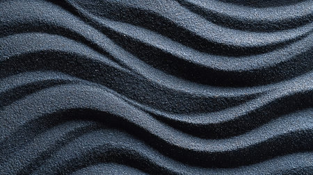 Black sand surface forming undulating patterns and gentle curves, creating a minimalist, textured...
