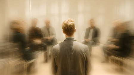 Man with his back to the viewer dealing with mental health issues during an emotional group therapy...