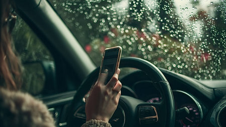 Person driving car holding a mobile phone, causing a safety risk from distracted driving during rainy weather, with raindrops visible on the wet windshieldの写真素材