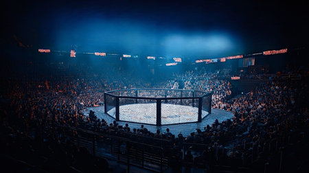 Empty octagon cage in a dark arena with a large crowd of spectators filling the seats, ready for an...