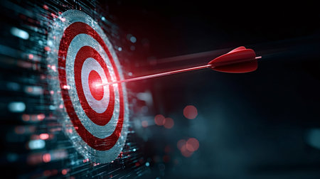 Red arrow hitting the bullseye of a futuristic digital target, symbolizing business success, precise...
