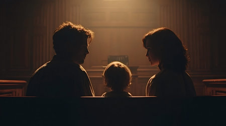 Family including mother, father, and child sitting in a courthouse during a legal proceeding,...