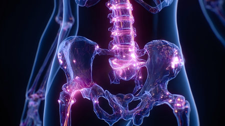 Human lower body skeleton showing glowing spine, pelvis, and hip joints, representing pain,...