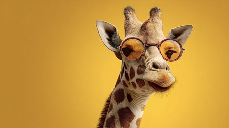 Giraffe wearing stylish round orange sunglasses looking at the viewer from a studio portrait with a...