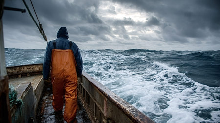Fisherman navigating turbulent ocean waves during a severe storm, representing themes of survival,...