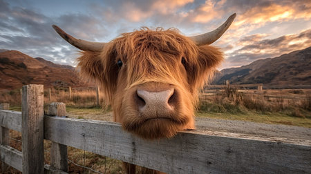 Highland cow with long ginger fur and horns looking directly at the viewer, standing behind a...