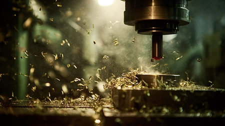 Industrial cnc milling machine processing a metal workpiece. Creating flying metal shavings and...