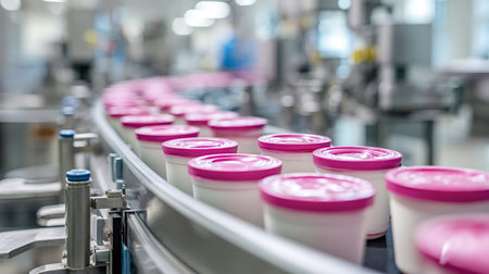 Yogurt containers with pink lids traveling on an automated conveyor belt in a modern dairy food...