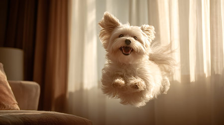 Small white maltese mid jump in a sunlit living room, joyful and playful, capturing energetic...