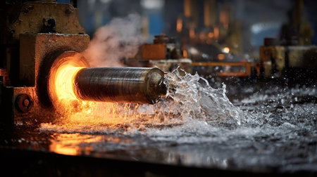 Hot steel bar cooling rapidly with a spray of water during the industrial heat treatment process,...