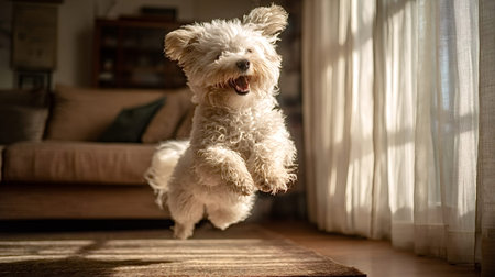 Small white poodle mix dog jumping high in the air with an open mouth, expressing pure happiness and...