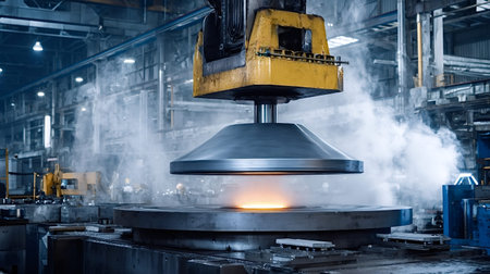 Large industrial press machine working on a glowing hot metal piece on a rotating platform,...