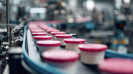 Rows of white containers with pink lids moving continuously on a blue conveyor belt, showcasing the...