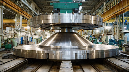 Large metal turbine components are being manufactured and assembled by heavy industrial machinery in...