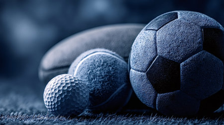 Assortment of sports balls including a golf ball, tennis ball, football, and american football,...