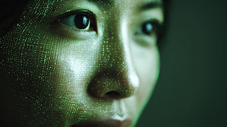 Woman's face glowing with green digital dots, representing advanced biometric scanning technology for facial recognition, identity verification, and ai driven security systemsの写真素材